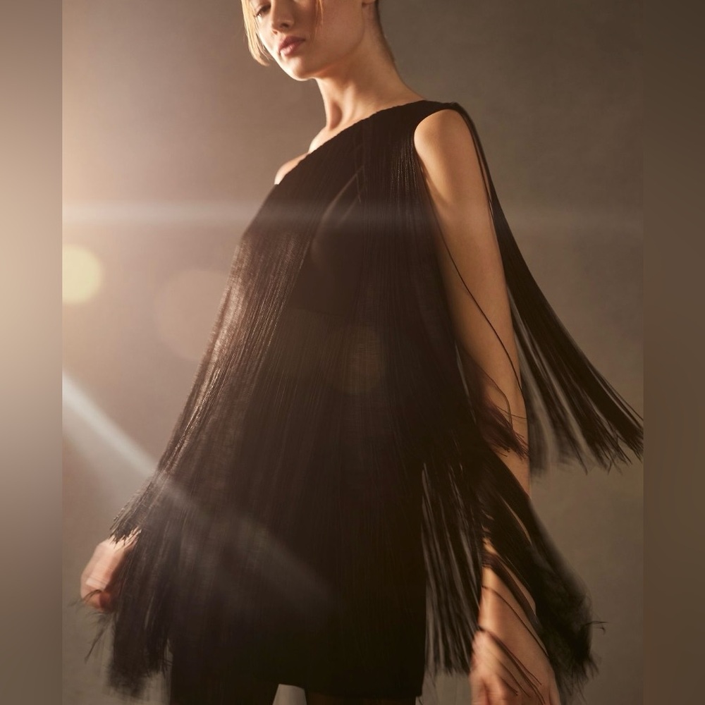 EUC Anthropologie, Size L, Hutch One-Shoulder Fringe Mini Dress in Black
